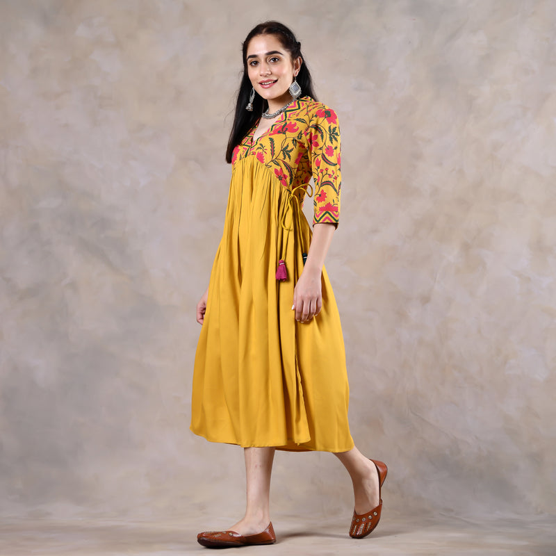Mustard V Neck Gathered Dress With Tassels - SOM