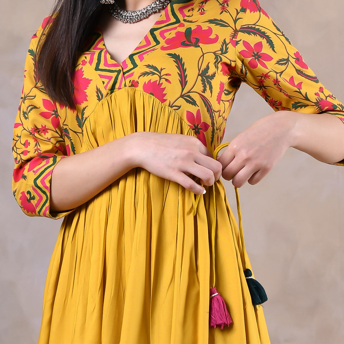 Mustard V Neck Gathered Dress With Tassels - SOM