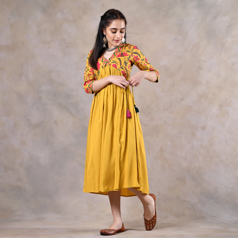 Mustard V Neck Gathered Dress With Tassels - SOM