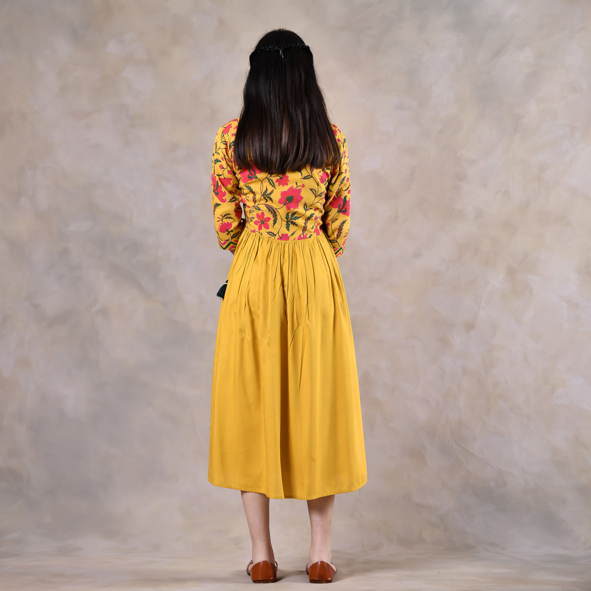 Mustard V Neck Gathered Dress With Tassels - SOM