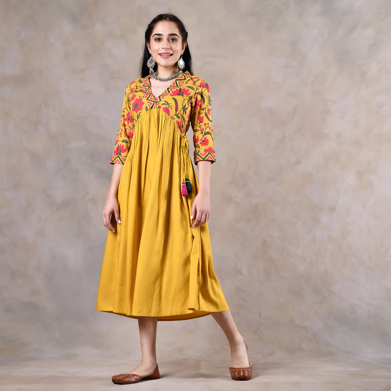 Mustard V Neck Gathered Dress With Tassels - SOM
