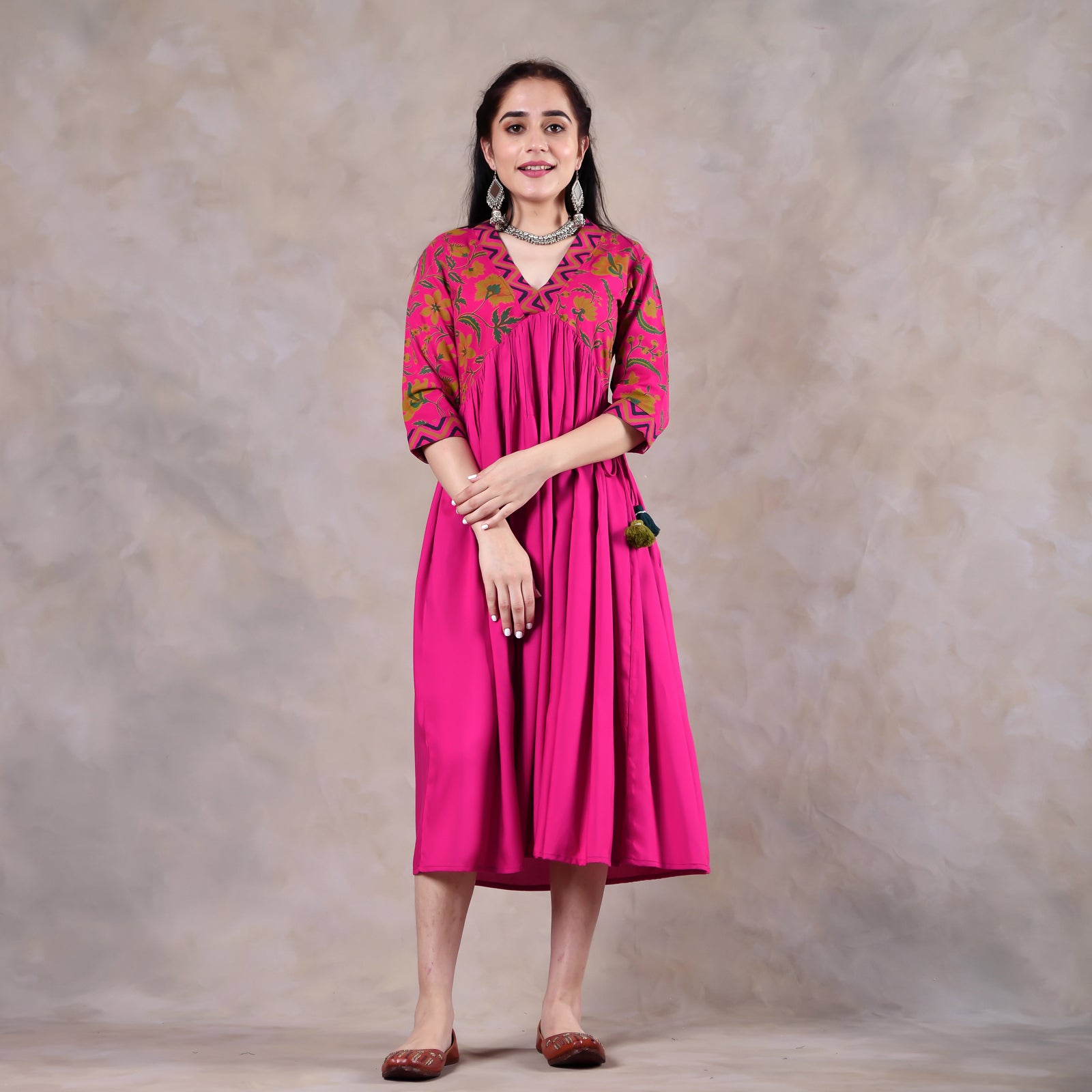 Buy Pink Gathered Alia Cut Dress with Tassels