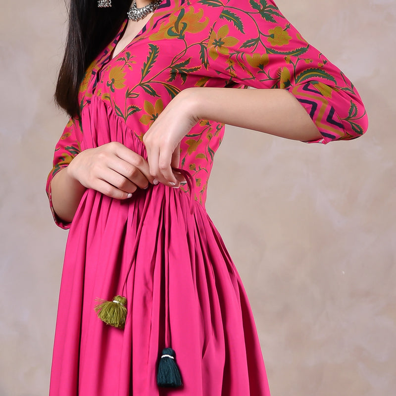 Buy Pink Gathered Alia Cut Dress with Tassels