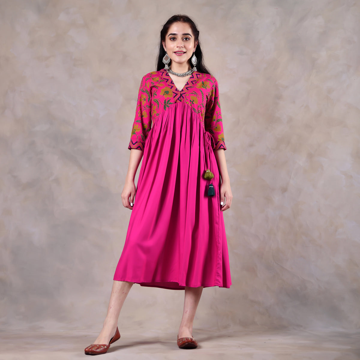 Pink Gathered Alia Cut Dress with Tassels