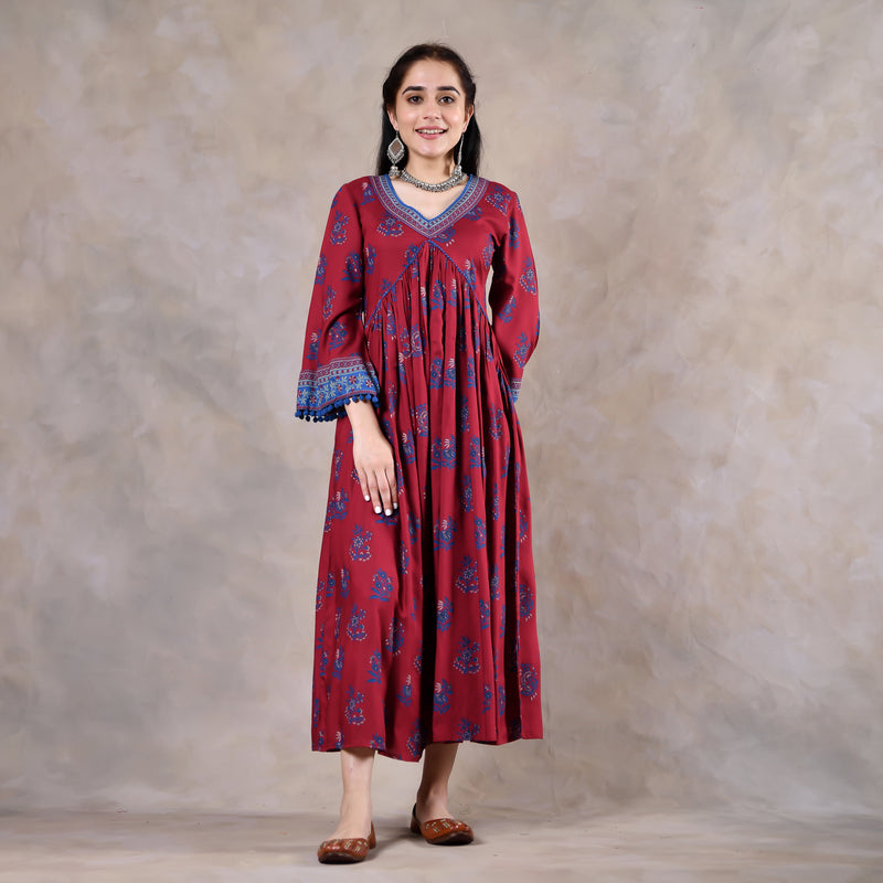 Maroon & Blue V Neck Gathered Dress