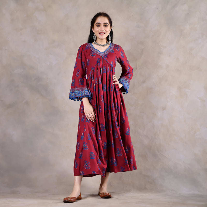 Maroon & Blue V Neck Gathered Dress