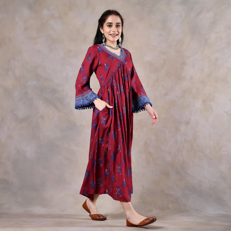 Maroon & Blue V Neck Gathered Dress