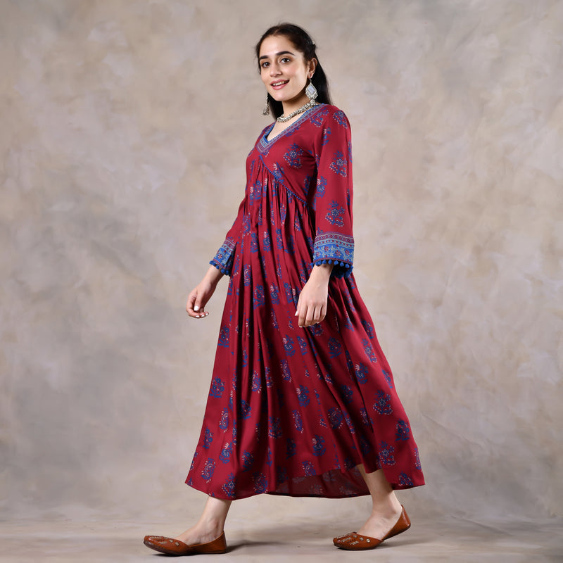 Maroon & Blue V Neck Gathered Dress