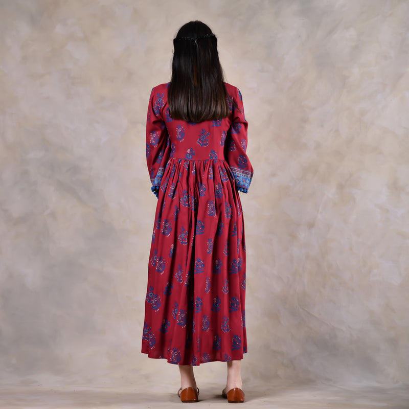 Maroon & Blue V Neck Gathered Dress