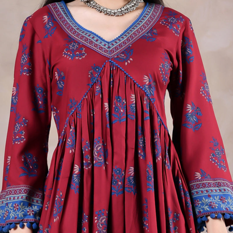 Maroon & Blue V Neck Gathered Dress