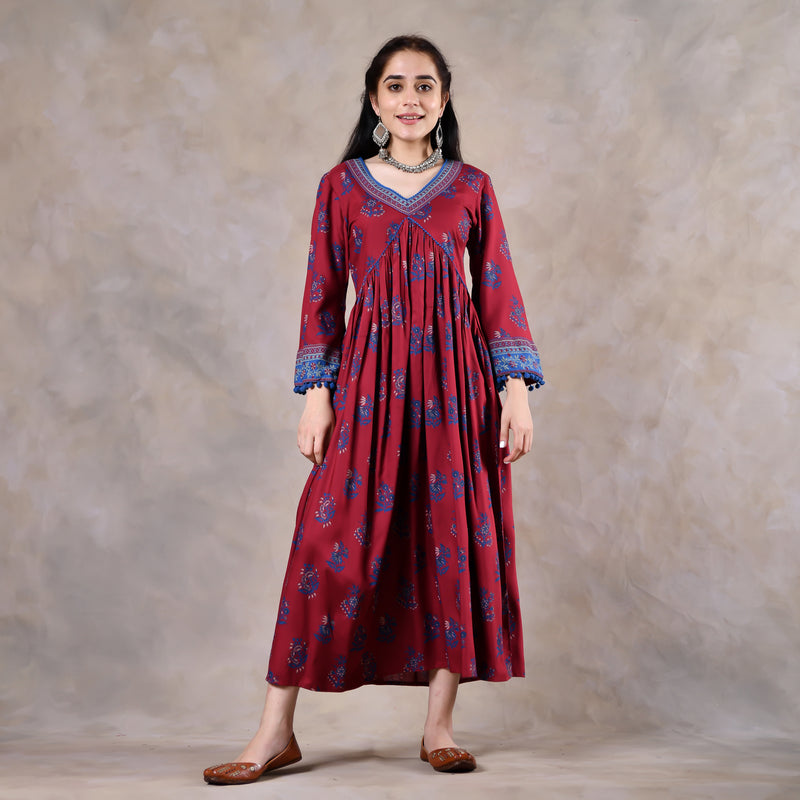 Maroon & Blue V Neck Gathered Dress