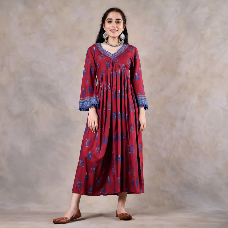 Maroon & Blue V Neck Gathered Dress