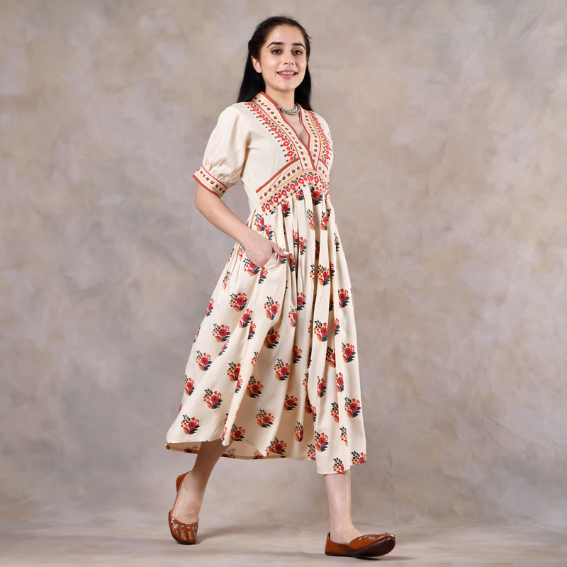 Beige & Pink V Neck Alia Cut Dress