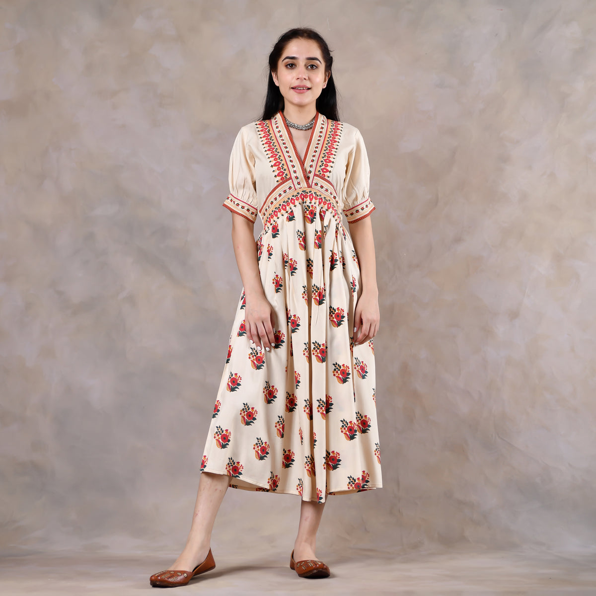 Beige & Pink V Neck Alia Cut Dress