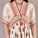 Beige & Pink V Neck Alia Cut Dress