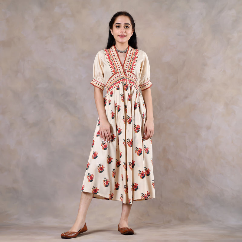Beige & Pink V Neck Alia Cut Dress
