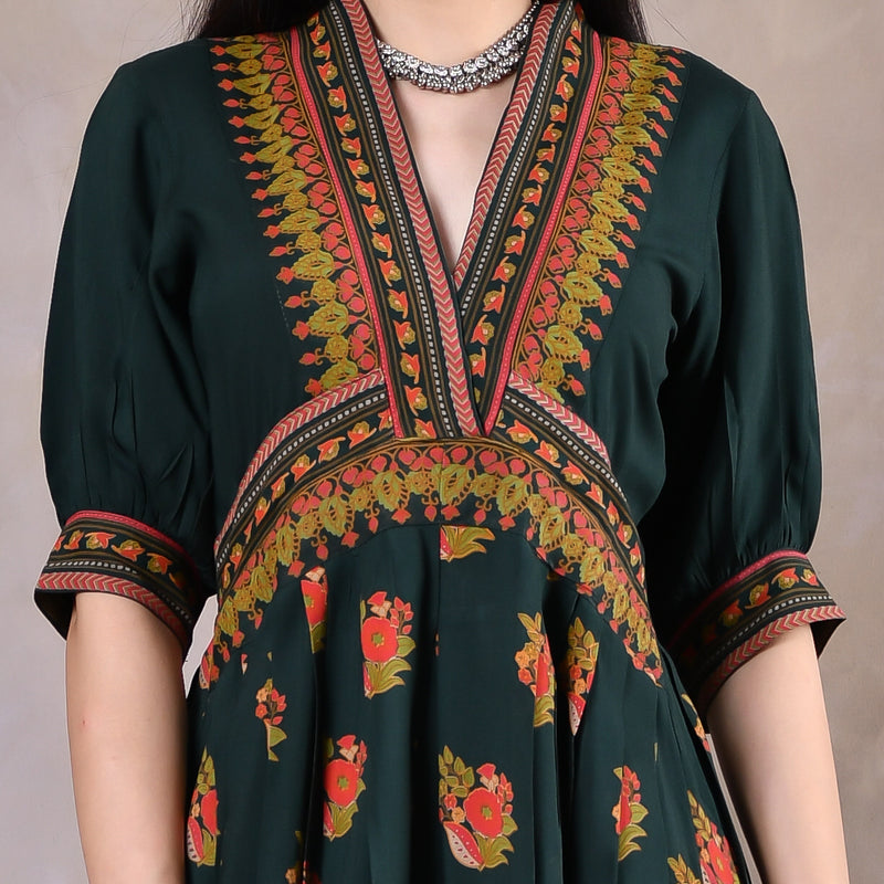 Emerald Green V Neck Gathered Dress