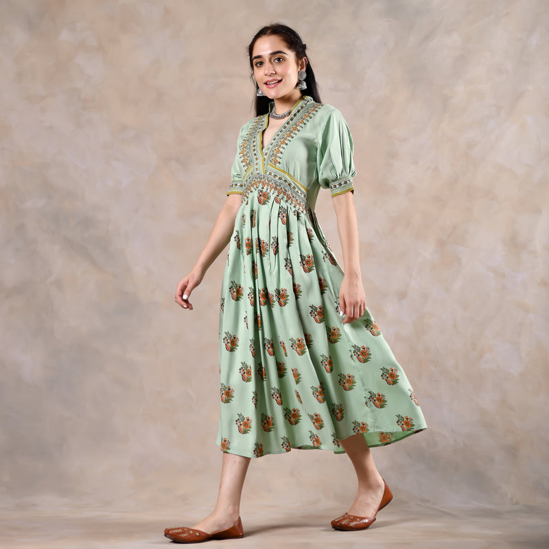 Mint Green V Neck Gathered Dress