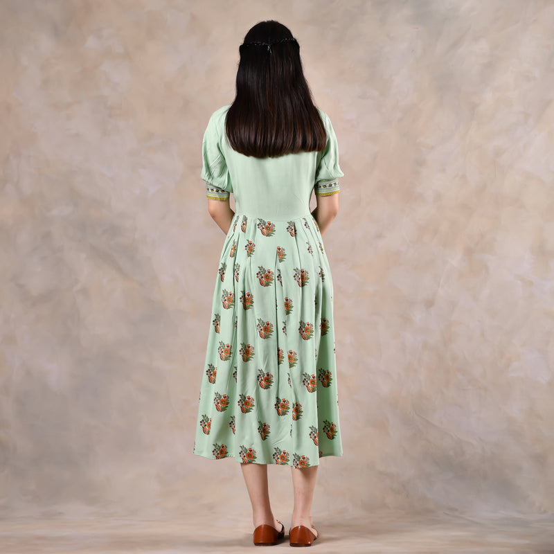 Mint Green V Neck Gathered Dress