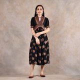 Black Printed V Neck Gathered Dress
