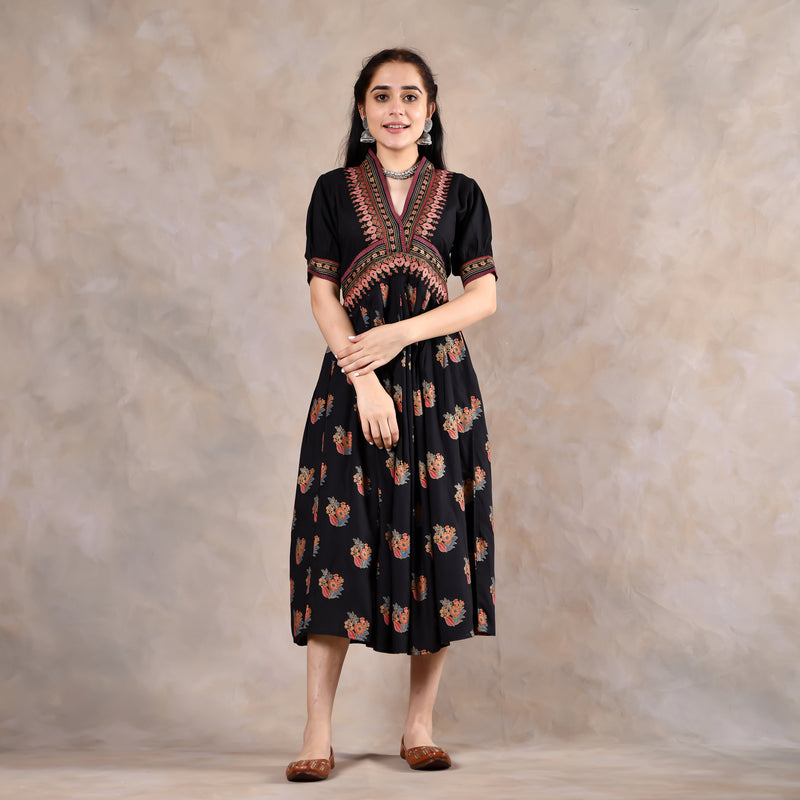 Black Printed V Neck Gathered Dress