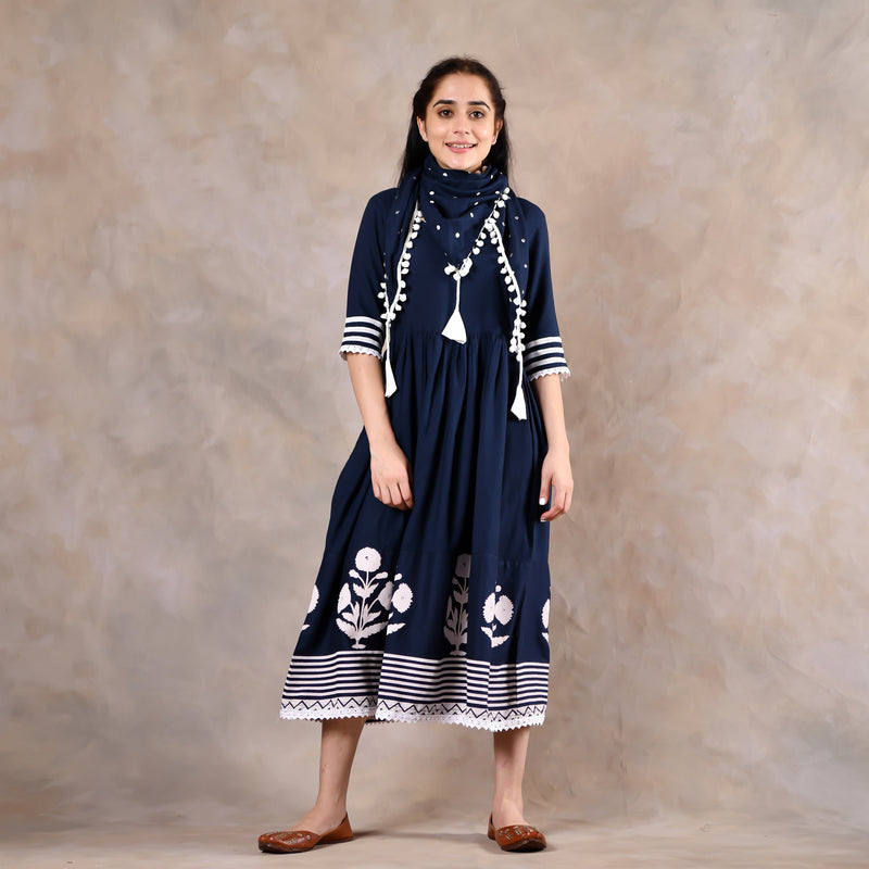 Indigo Gathered Dress with Polka Scarf