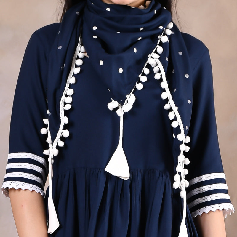 Indigo Gathered Dress with Polka Scarf