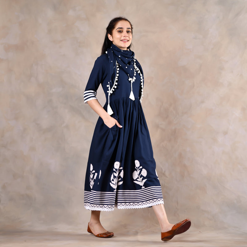 Indigo Gathered Dress with Polka Scarf