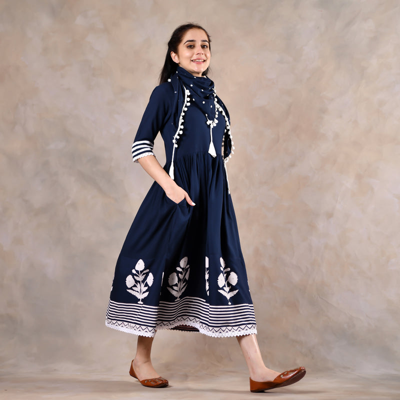 Indigo Gathered Dress with Polka Scarf