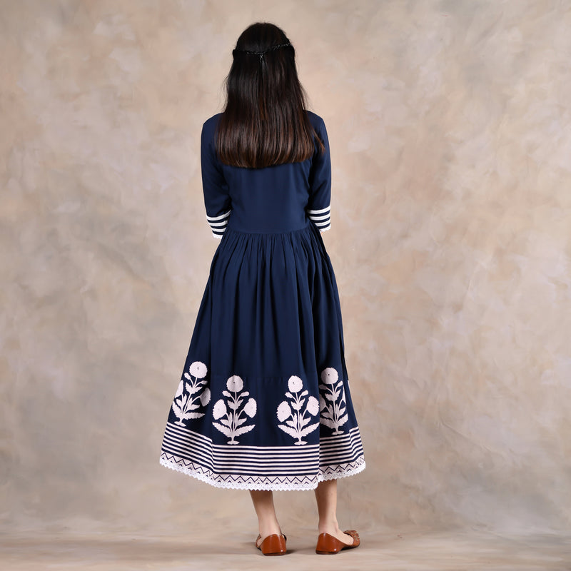 Indigo Gathered Dress with Polka Scarf