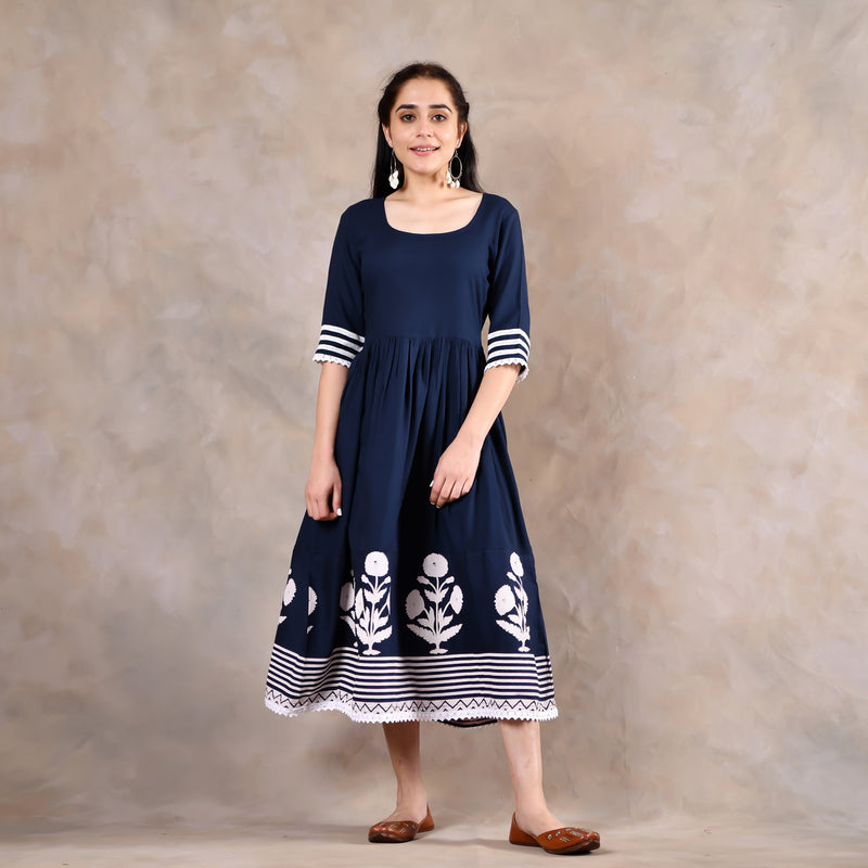 Indigo Gathered Dress with Polka Scarf