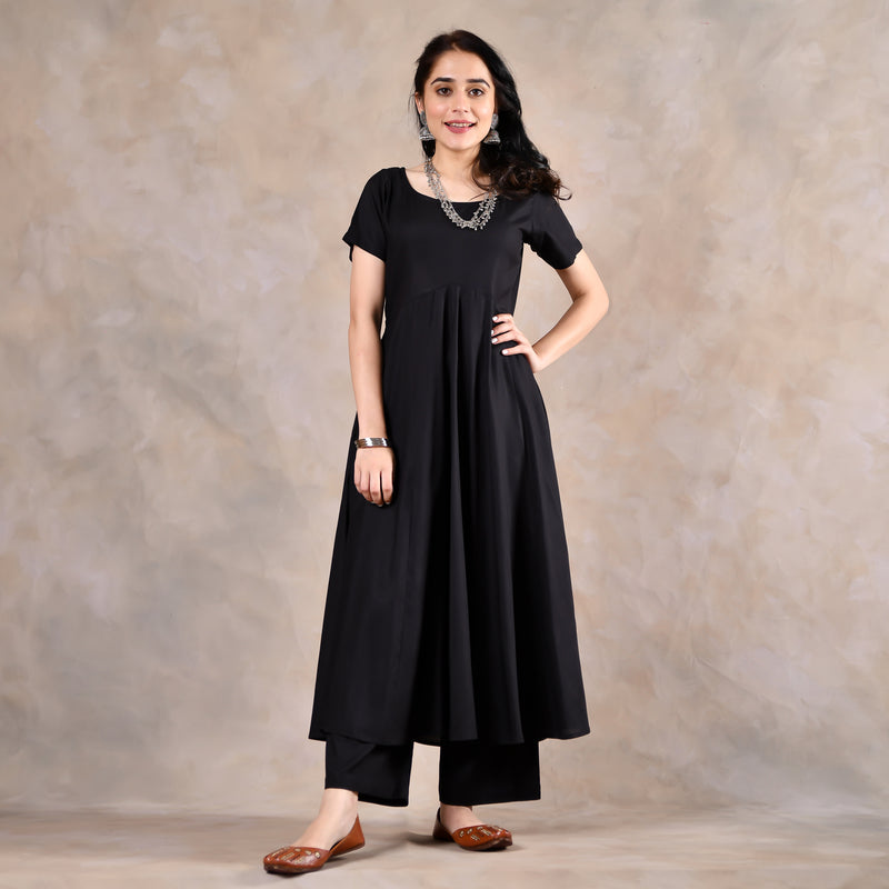 Black Flared Kurta Pant Set with Scalloped Dupatta