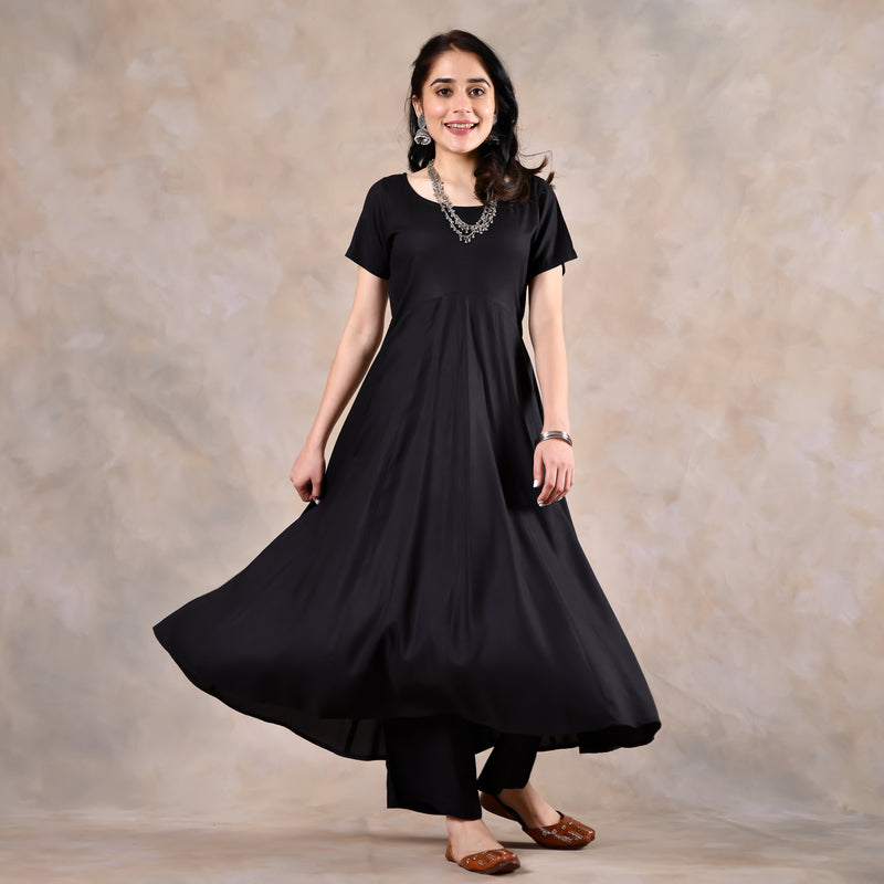 Black Flared Kurta Pant Set with Scalloped Dupatta