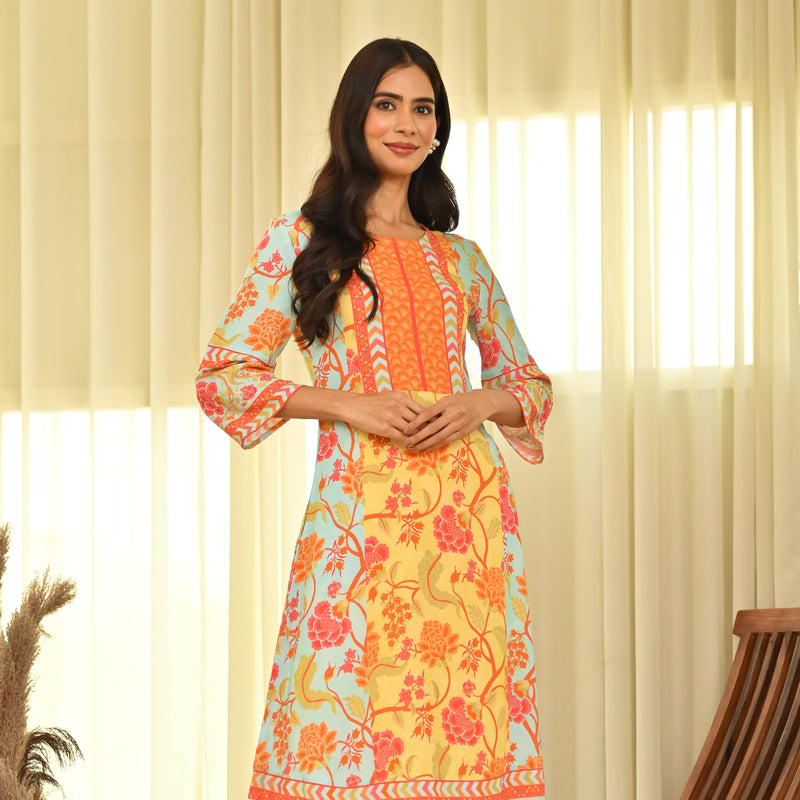 Yellow Blue A Line Floral Colour Block Kurta Pant Set