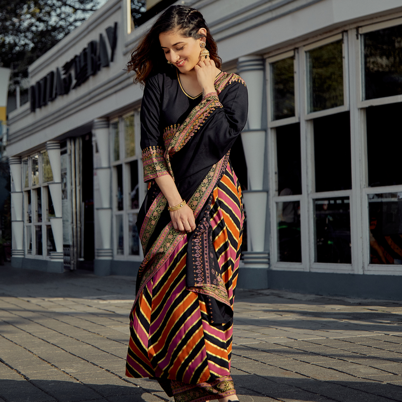 Black Multicoloured Striped Flared Kurta Pant Dupatta Set