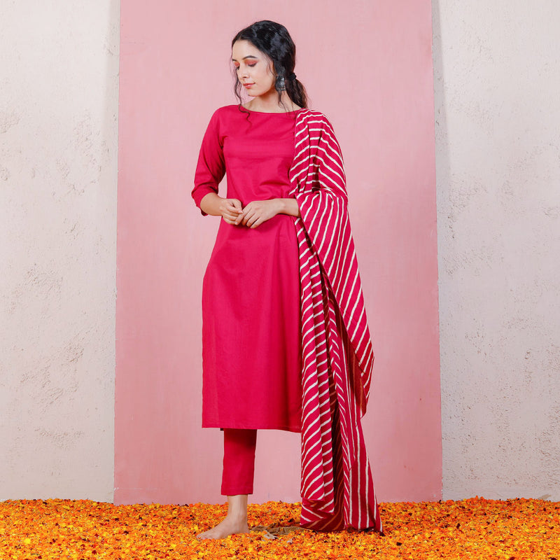 Magenta Kurta Set with Straight Pants & Dupatta