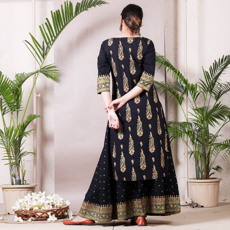 Black Festive Gold Printed Kurta with Black Skirt