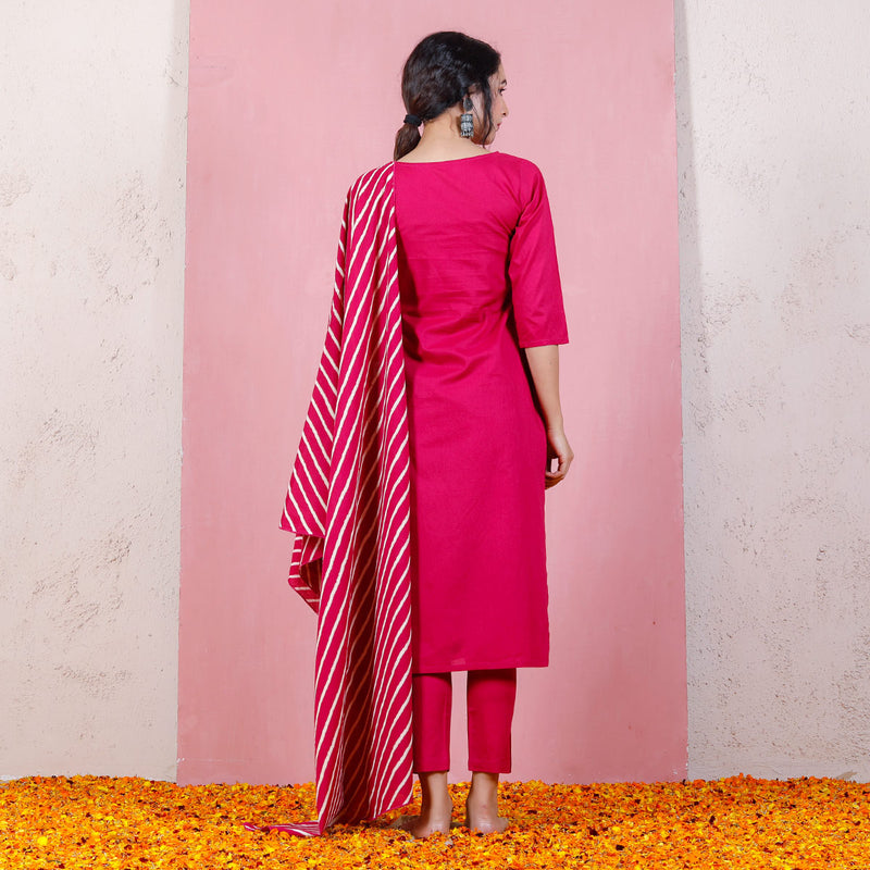 Magenta Kurta Set with Straight Pants & Dupatta