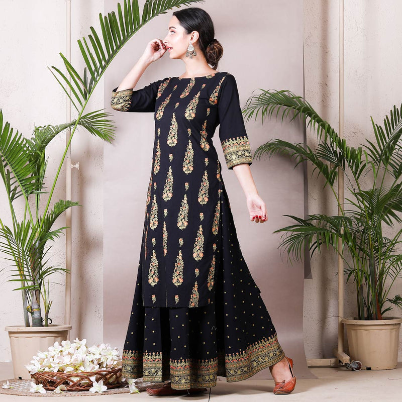 Black Festive Gold Printed Kurta with Black Skirt