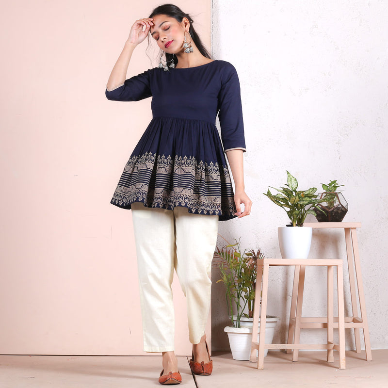Indigo Traditional Gather Top with Border Detail