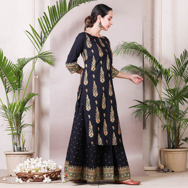 Black Festive Gold Printed Kurta with Black Skirt