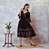 Black Angrakha Flared Dress with Knot Details