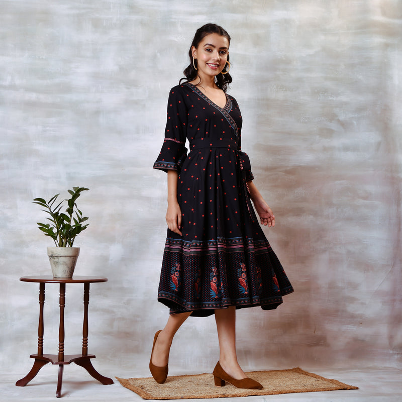 Black Angrakha Flared Dress with Knot Details