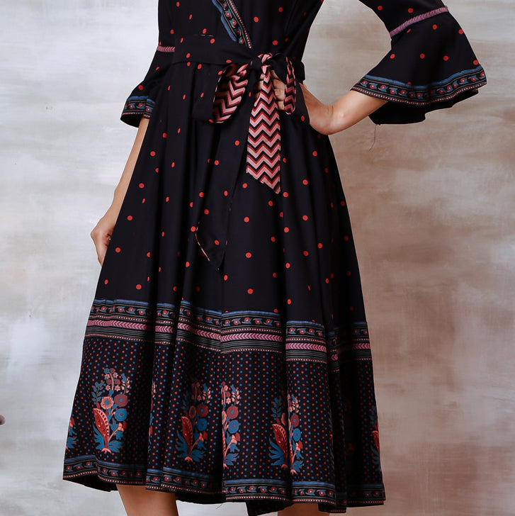 Black Angrakha Flared Dress with Knot Details