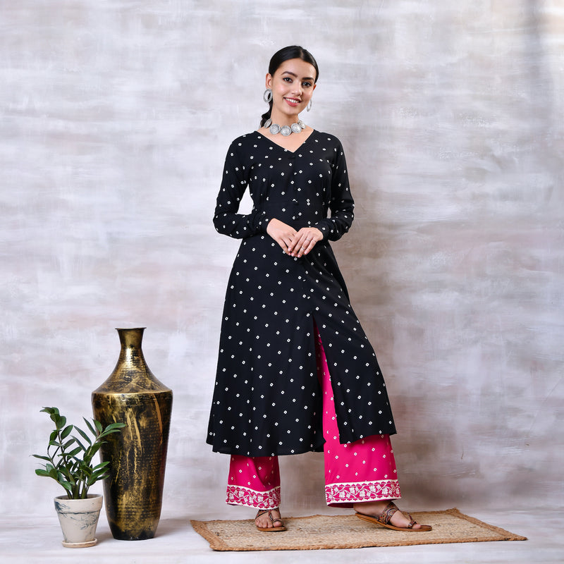 Black & Pink Buttoned Kurta Dupatta Pant Set with Pompoms