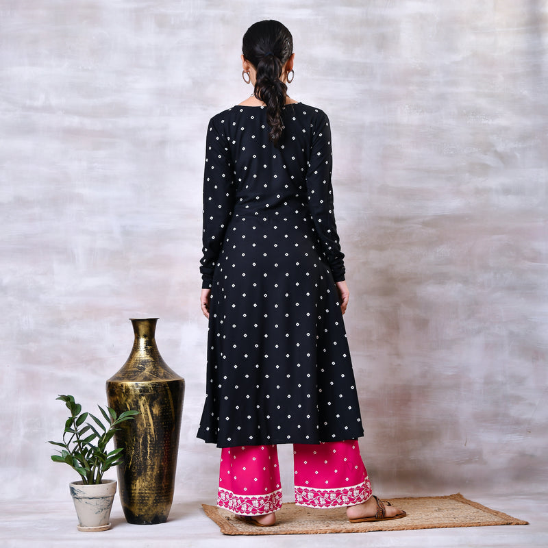 Black & Pink Buttoned Kurta Dupatta Pant Set with Pompoms