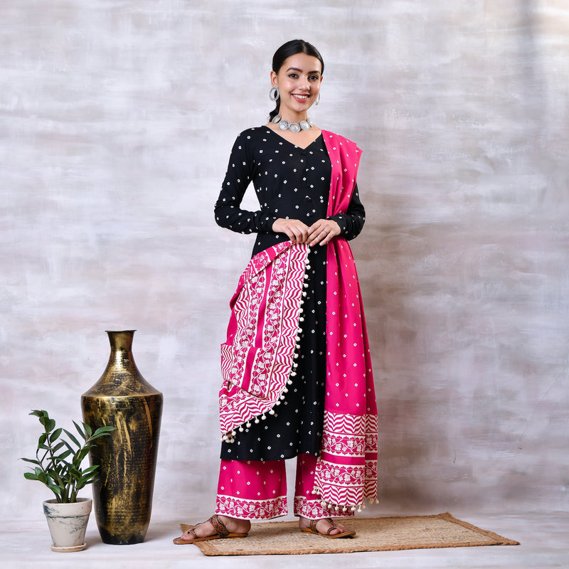 Black & Pink Buttoned Kurta Dupatta Pant Set with Pompoms