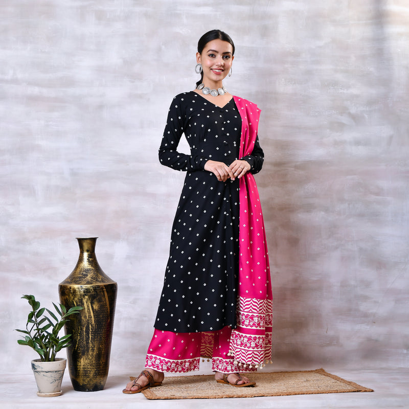 Black & Pink Buttoned Kurta Dupatta Pant Set with Pompoms