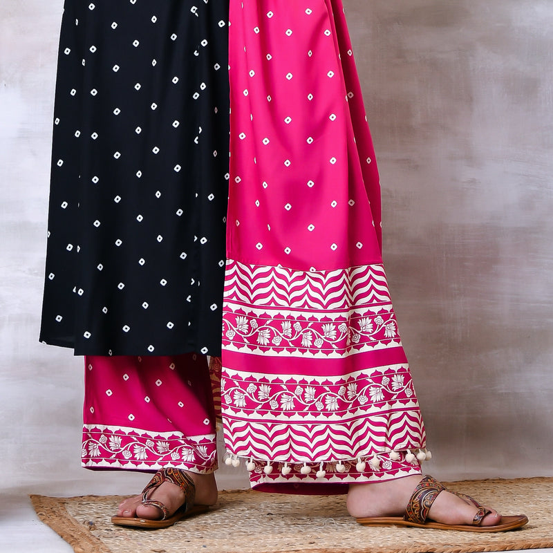 Black & Pink Buttoned Kurta Dupatta Pant Set with Pompoms