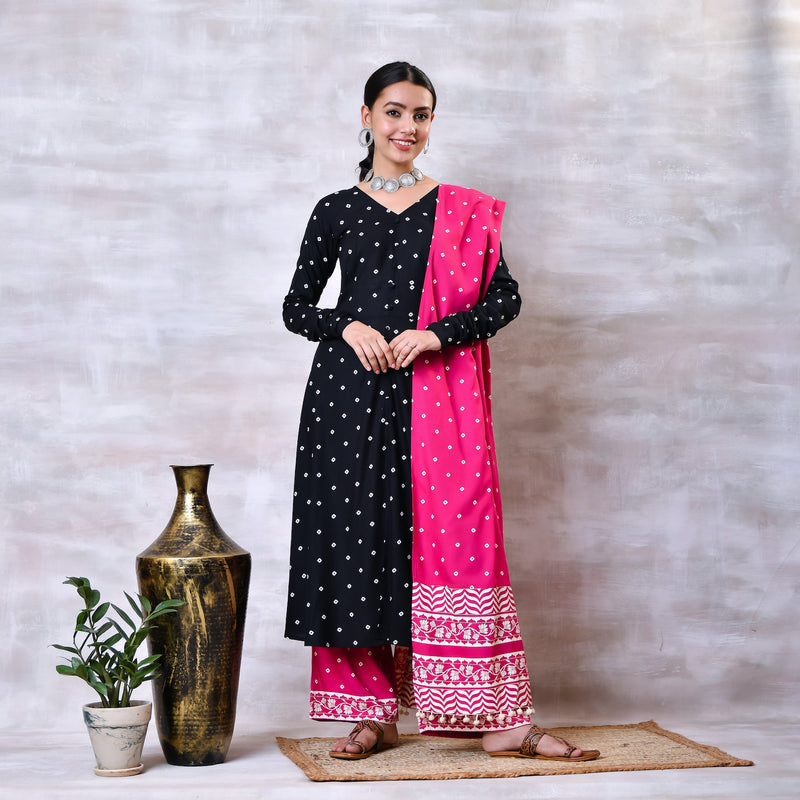 Black & Pink Buttoned Kurta Dupatta Pant Set with Pompoms